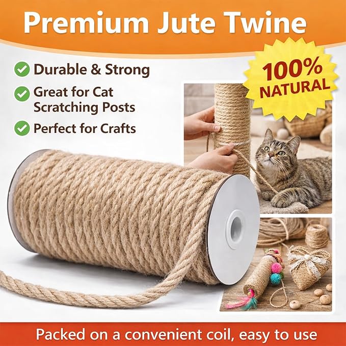 Leecogo Jute Rope, 8mm Thick, 50 Feet, Natural Color for Crafts Gardening Cat Scratching Post Repair