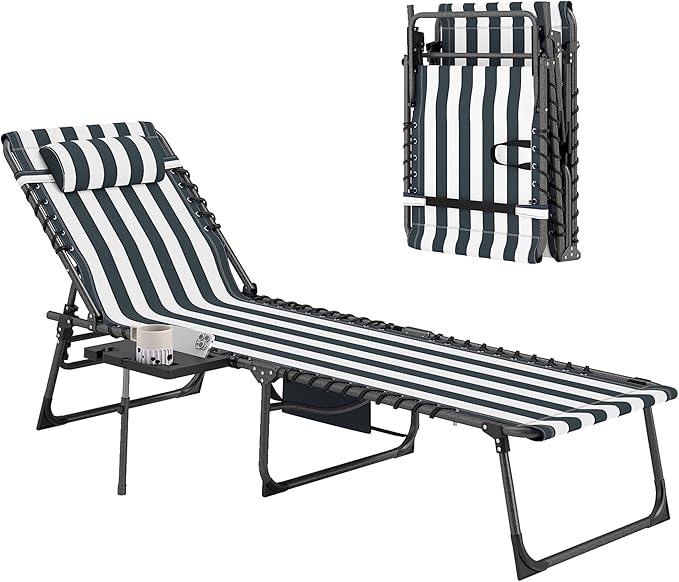 Outsunny Folding Chaise Lounge Chair Outdoor Tanning Chair with Side Table, 5-Level Adjustable Beach Lounge Chair with Headrest, Side Pocket for Patio, Backyard, Beach, Poolside, Blue and White