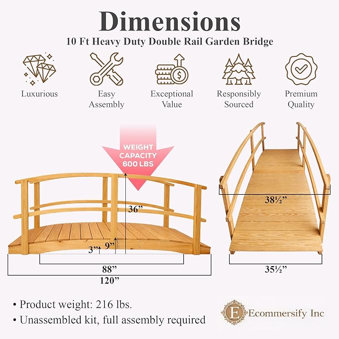 10 FT NATURAL Amish Made Garden Bridge with DOUBLE RAILS for Walkway, Backyard Pond & Landscaping, Outdoor Wooden Footbridge for Koi Pond, Japanese Style Decorative Bridge, Made in USA