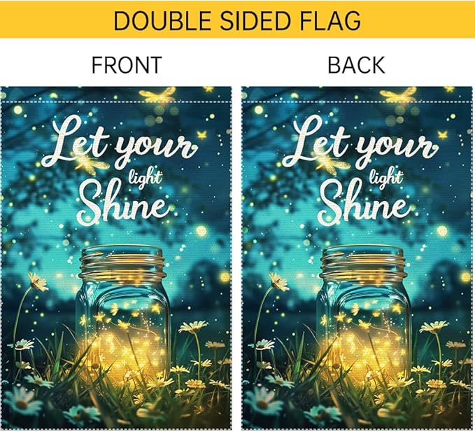 Let Your Light Shine Garden Flag 12x18 Inch Double Sided Small Burlap Summer Outdoor Yard Decor Fireflies Mason Jar Flowers Patio Lawn Porch Decorations