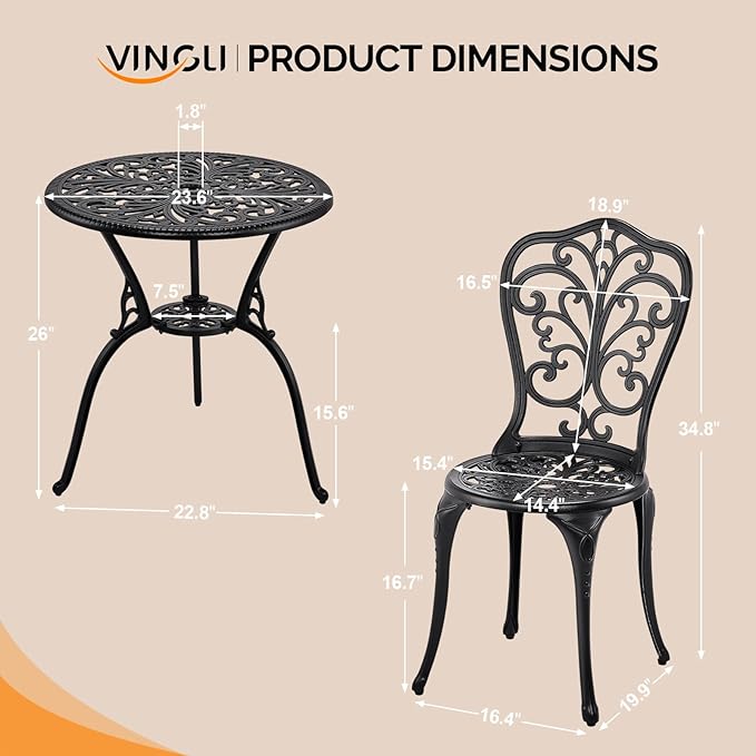 VINGLI 3 PCS Outdoor Bistro Set, Outdoor Patio Set, All-Weather Cast Aluminum Bistro Table Set, Bistro Table and Chairs Set of 2 for Backyard, Garden, Balcony (Black, Butterfly)
