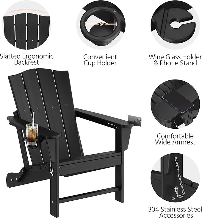 Yaheetech Folding Adirondack Chair Outdoor, HDPE Plastic Adirondack Chair with Cup/Mobile Phone Holder for Deck, Patio, Pool, Backyard, Weather Resistant, Wooden Texture, Easy Assembly Black