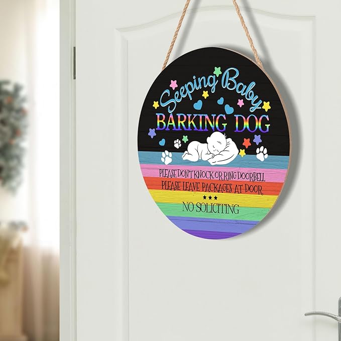Sleeping Baby Sign Decor, Do Not Knock Or Ring Doorbell Hanging Sign 12"x 12" For Front Door, No Soliciting Sign For Home Baby Room Nursery Outdoor, Dog Warning Round Door Hanger Decorations