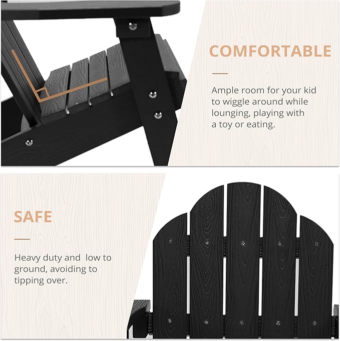 LUE BONA Kids Adirondack Chair, Black Poly Lumber Resin Chair, Toddler Adirondack Chair Weather Resistant, Kids Outdoor Patio Adirondack Lounge Chair for Balcony, Backyard, Preschool