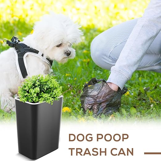 Dog Poop Trash Can Outside 3.96 Gal/15 L Plant Styled Dog Waste Trash Can with Lid 50 Pcs Plastic Waste Bags Outdoor Indoor Poop Container Slim Garbage Bin for Yard Garden Pet (Black)