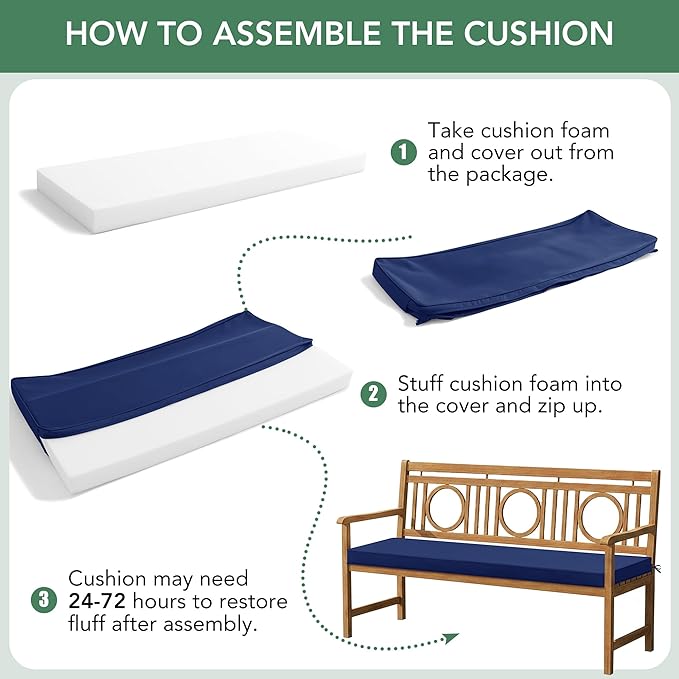 Outdoor Bench Cushion: Waterproof and Fade Resistant Patio Furniture Cushions - Non-Slip Bench Pad Cushion with Removable Cover for Garden Swing Porch Sofa Settee, 45 x 18 Inch, Navy Blue