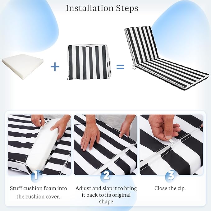 Chaise Lounge Cushions Outdoor, 71"x22"x3" Patio Lounge Chair Furniture Cushions with Washable Covers for Pool, Patio, Lawn (Black+White Stripes, 1 Pcs)