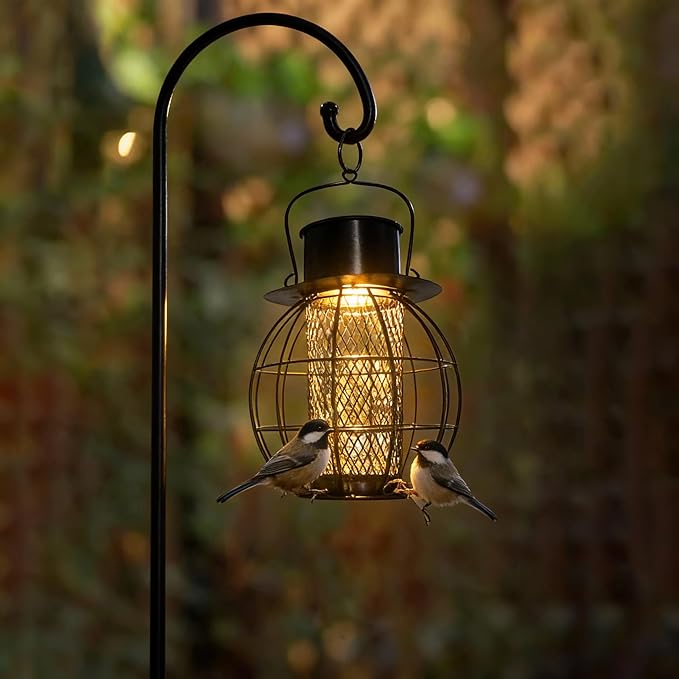Solar Bird Feeder for Outdoors- Heavy Duty Metal Bird Feeder Squirrel Proof with Lights,Chew-Proof,Outdoor Solar Lantern Feeder for Small Birds, Unique Gifts for Mom, Grandma (Black)