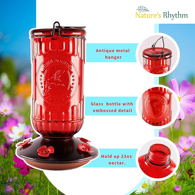Nature's Rhythm Bird Feeder Vintage Red Antique Glass Bottle Hummingbird Feeder 5 Feeding Ports and 23-Ounce Nectar Capacity Per Feeder