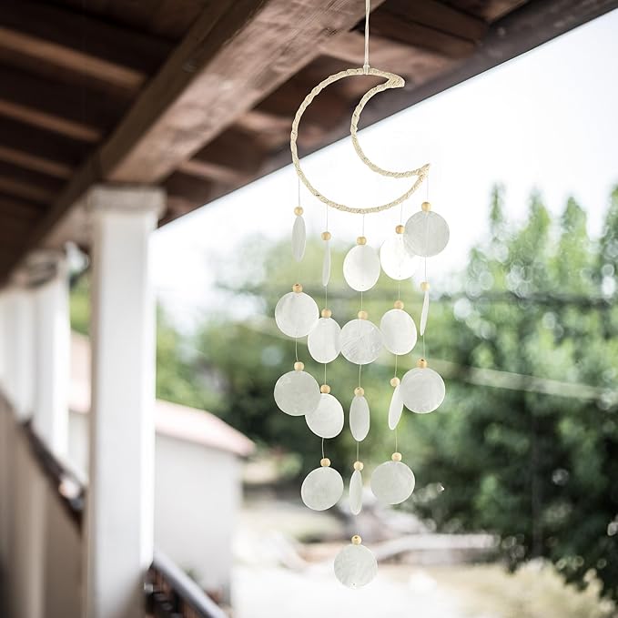 Capiz Wind Chimes for Outside, Outdoor Seashell Hanging Beach Coast Ocean Home Decorative, Translucent White Shell with Wood Beads Waterfall Windchimes for Summer Patio, Window, Porch, Memorial Gift