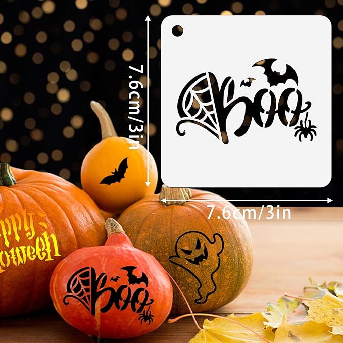Augshy Halloween Stencils, 56 Pack Pumpkin Painting Stencil Ornament Stencils Plastic for Painting on Wood Ornaments Wood Slice DIY Crafts Fabrics Window Halloween Decoration (3 Inch)