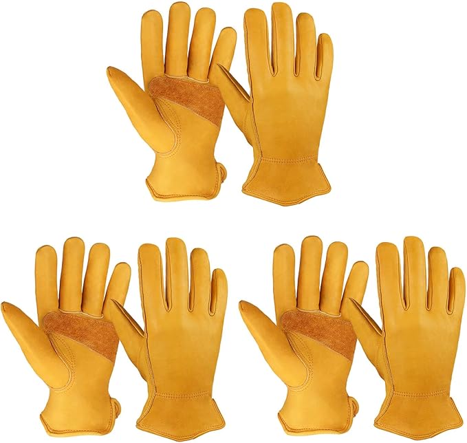 OZERO Gardening Work Gloves Men,3 Pairs Insulated Heavy Duty Cut Resistant Thorn Proof Leather Cowhide Mens Women Mechanic Garden Gloves for Driving Welding-Large