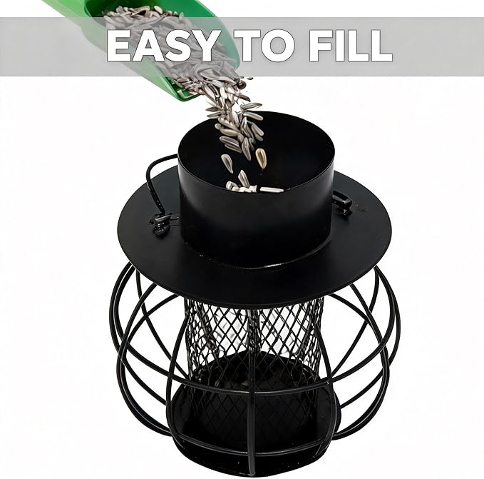 Solar Bird Feeder for Outdoors- Heavy Duty Metal Bird Feeder Squirrel Proof with Lights,Chew-Proof,Outdoor Solar Lantern Feeder for Small Birds, Unique Gifts for Mom, Grandma (Black)