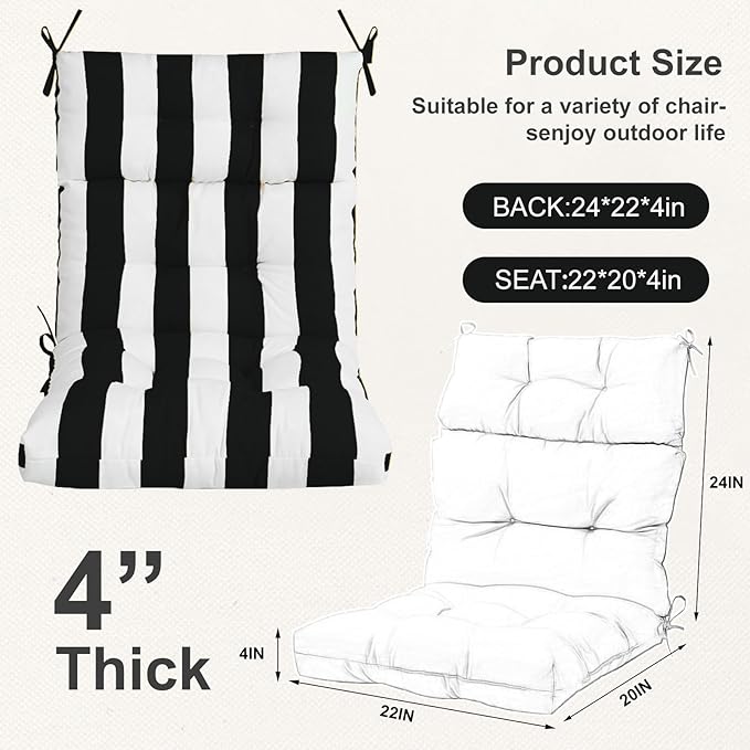 Outdoor High Back Chair Cushions 2-Pack, 44"x22"x 4" Fade-Resistant Waterproof Tufted Pads with Ties for Patio Rocking & Adirondack Chairs (Black White)