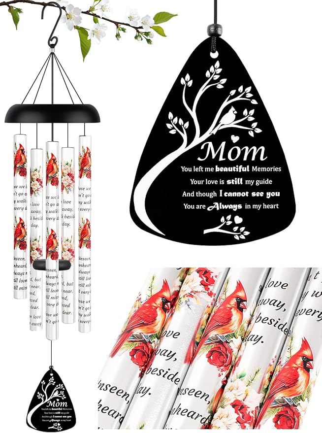 Memorial Wind Chimes Sympathy Gift - Cardinal Windchimes in Loving Memory of Mom Mother Grandmother, Bereavement Gifts for Loss of Loved One, Condolences Grief Remembrance Funeral Grieving