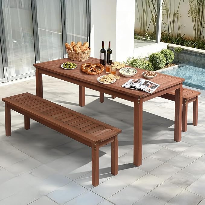 VINGLI Outdoor Wooden Bench, 45” 2-Person Backless Dining Bench, Weatherproof Outdoor Patio Bench for Porch Entryway Garden (2, Brown)