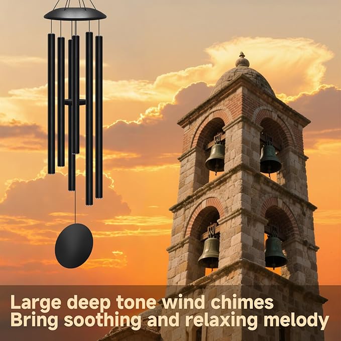 45" Large Wind Chimes for Outside, 6 Thick and Bold Aluminum Tubes Tuned Relaxing Melody Wind Chime Deep Tone, Big Wind Chimes for Garden Patio Decor, Great Gift Idea for Mother's Day (Black)
