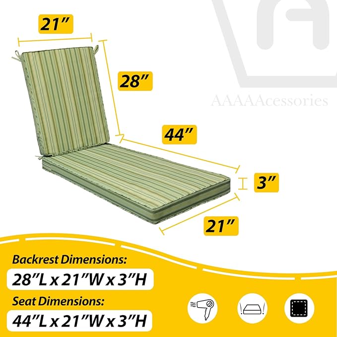 AAAAAcessories Outdoor Chaise Lounge Cushions, Fade-Resistant, Waterproof Patio Furniture Replacement Cushions, 72" x 21" x 3", Mossy Forest Stripe