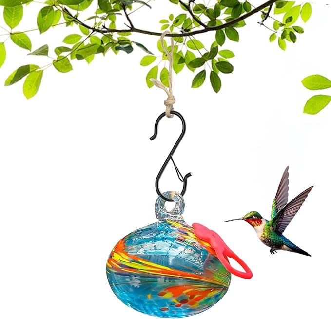 Small Hummingbird Feeders for Outdoors Hanging,Hand-Blown Glass Hummingbird Feeder with Silicone Feeding Perch,Never Leak,Gardening Gifts for Woman Man(Blue)