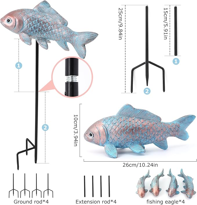 4PCS Antique Bronze Fish Garden Statue - Koi Fish Decor for Outdoors - 10.5 * 5Inch - Glow at Night