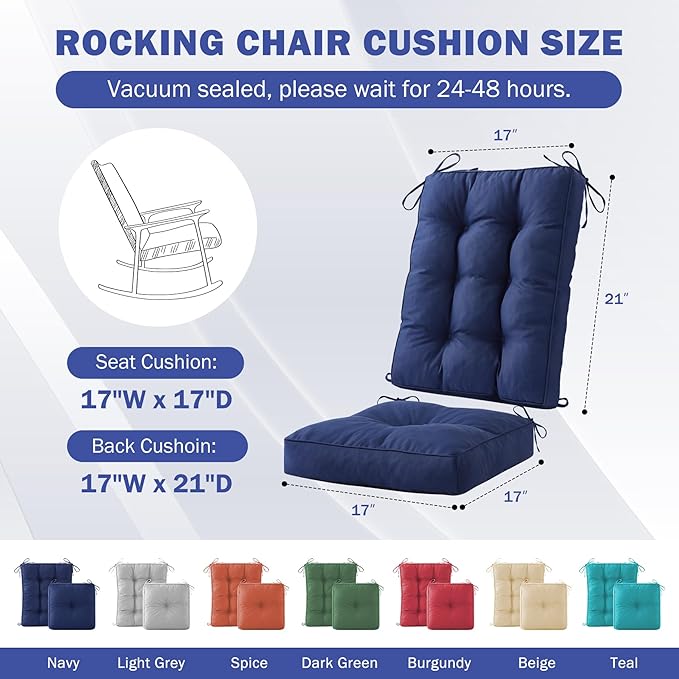 Rocking Chair Cushion, Waterproof and Fade-Resistant Patio Chair Cushions, Tufted Chair Pads for Rocker Furniture, 17x17 Inch, Indoor/Outdoor Seat Cushions with Ties, Navy Blue (Pack of 2)