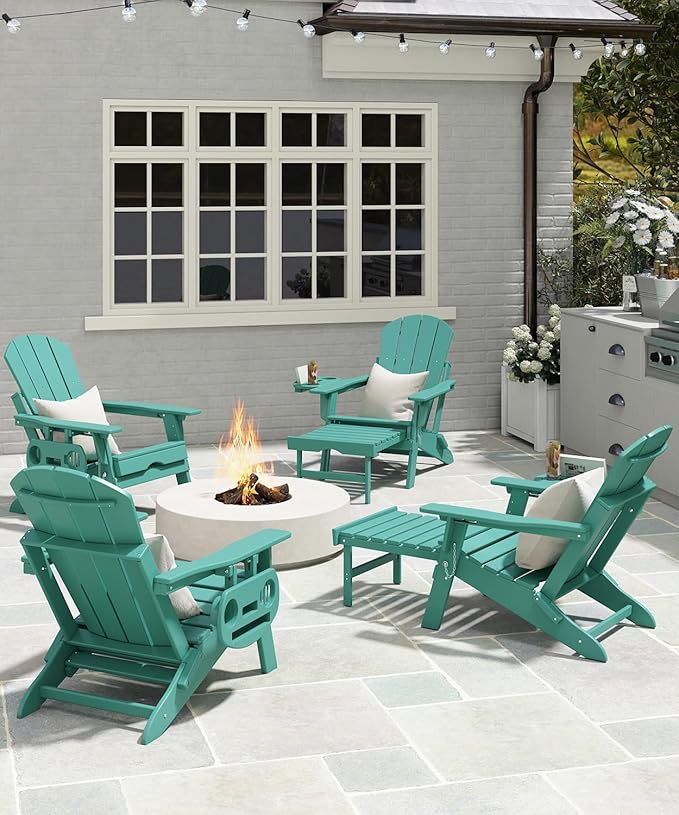 Adjustable Adirondack Chair with Retractable Ottoman Set of 8, HDPE Folding Adirondack Chair with Cup Holder, All Weather Fire Pit Chair for Outdoor.
