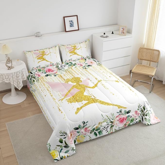 Erosebridal Floral Fairy Twin Comforter Set,Fairy Garden Flower Bedding Sets for Girls Kids,Coquette Dreamy Flowers Quilt Bed Set,Pink Princess Bedroom Decor,1 Pillowcase Breathable