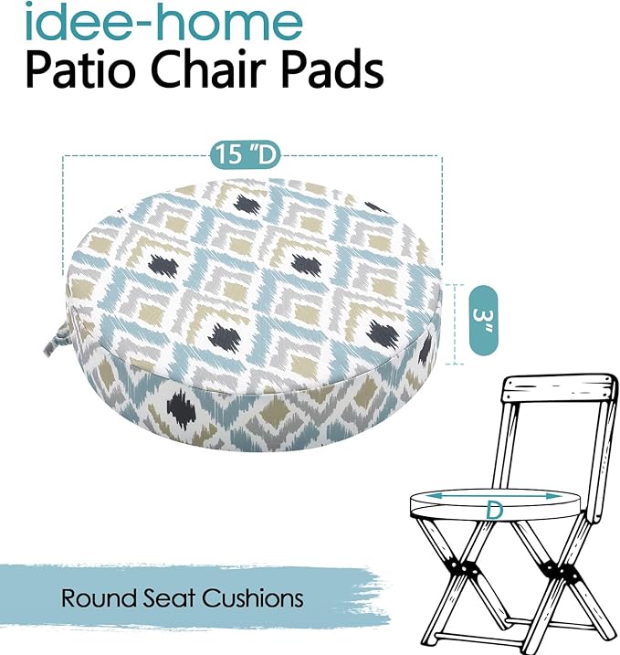 idee-home Outdoor Bistro Chair Cushions, 15”x15”x 3” Thick Outdoor Round Seat Cushions Set of 4 with Ties, Waterproof Round Patio Furniture for Garden