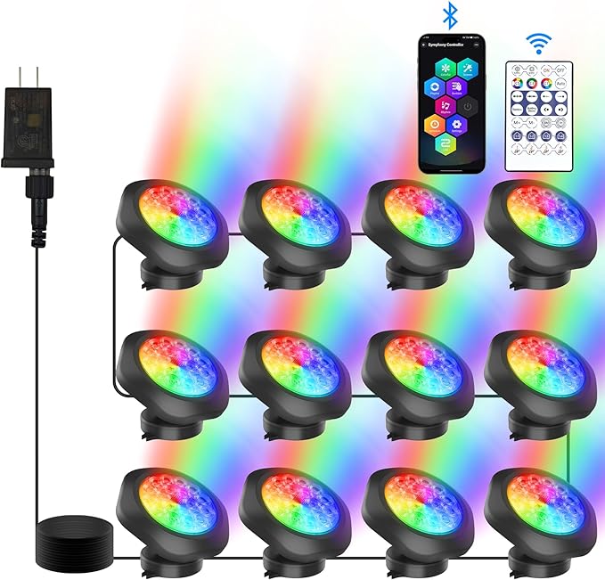 RGB Underwater Pond Lights,Super Bright 18 LED Submersible Fountain Lights,Bluetooth APP Control IP68 Waterproof Color Changing Spotlights for Fish Aquarium Tank Garden Yard Pool(Set of 12)