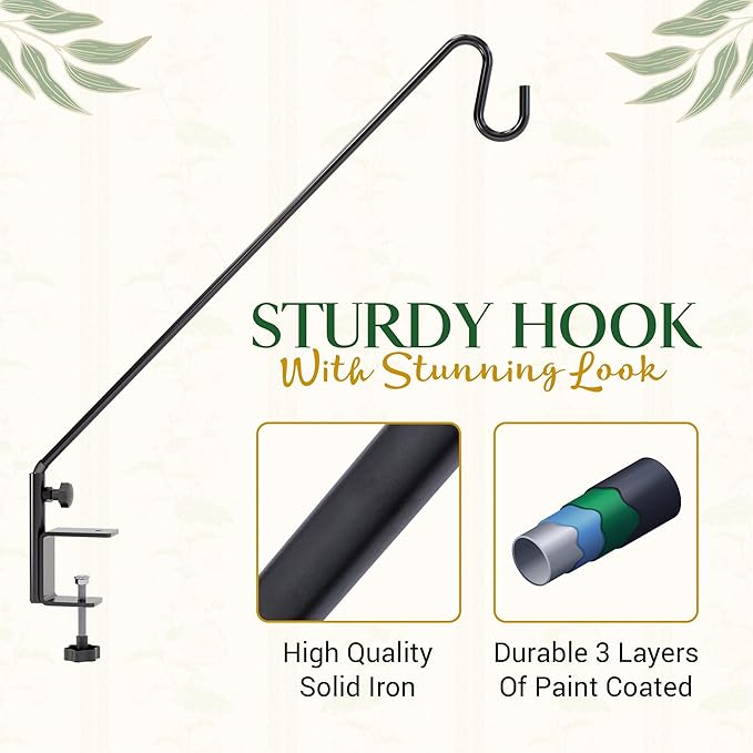 Idzo Deck Bird Feeder Hanger for Railing, 28inch Deck Hook for Bird Feeder Pole, Durable 3 Layers Powder Coated & Sturdy 1 Piece Solid Steel Construction for Hanging Decorations, 2 Pack