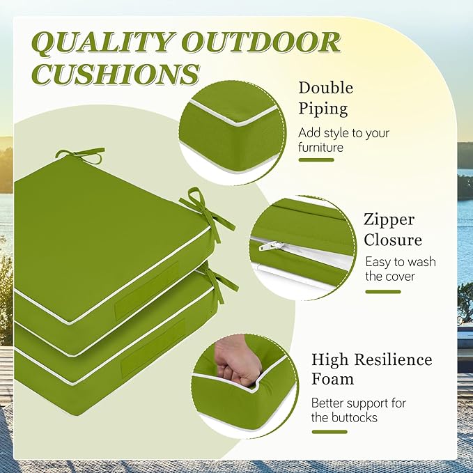 Waterproof Outdoor Chair Cushions Set of 2, Square Outdoor Seat Cushions with Ties and Removable Covers, 19 x 19 Outdoor Cushions for Patio Furniture with Portable Handle(Grass Green/White)