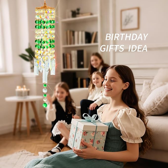 Crystal Wind Chimes for Outside with Rainbow Light Reflections Glass Bells and Rose Gold Alloy Hooks Indoor Outdoor Decor for Home Garden Patio Porch Birthday House Warming (Green)