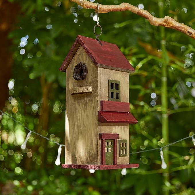 Glitzhome Bird Houses for Outdoor, Solid Wood Bluebird House for Outside, 14.25" H Rustic Distressed Hand Painted Decorative Birdhouse Nest Box Hanging Birdhouses for Patio Garden