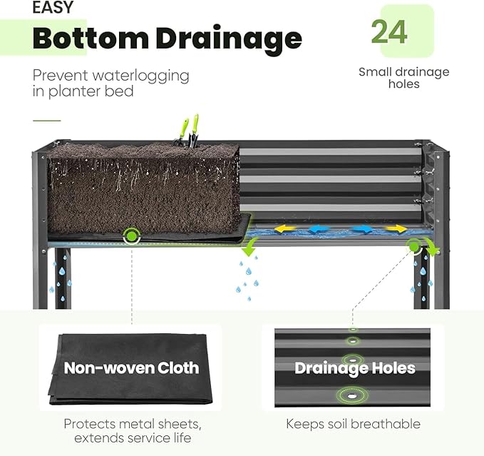 KING BIRD Raised Garden Bed with Irrigation System and Legs Galvanized Elevated Planter Box 48×24×30 in for Backyard, Patio, Balcony, 400lb Capacity, Dark Grey