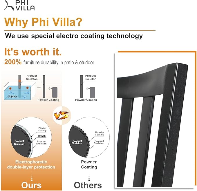 PHI VILLA Metal Outdoor Dining Chairs Set of 6 - Stackable Black Patio Chairs, 300lb Capacity (Stripe)
