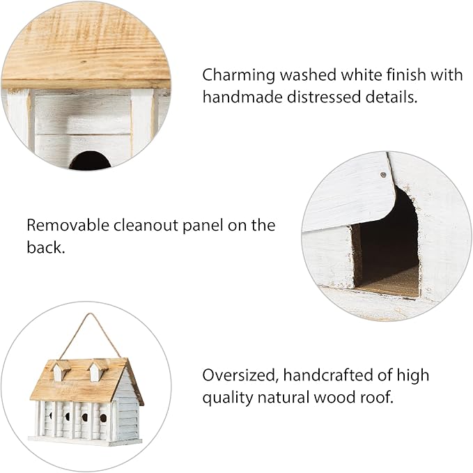 Glitzhome 14.25”L Wood Hanging Birdhouse for Outdoors Oversized Distressed Cottage Painted Bird House Rustic Bird House for Bluebird Wren Chickadee Sparrow Bird Nest Box for Garden Patio, Washed White