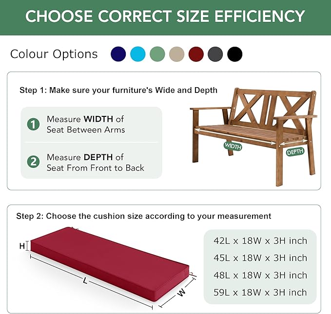 Outdoor Bench Cushion: Waterproof and Fade Resistant Patio Furniture Cushions - Non-Slip Bench Pad Cushion with Removable Cover for Garden Swing Porch Sofa Settee, 42 x 18 Inch, Burgundy