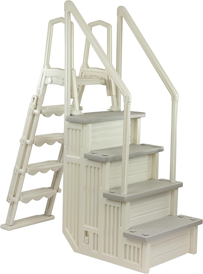 Aqua Select Anti-Slip in-Pool Steps with Outside Flip-Up Ladder | Pearl White w/Cloud Gray Steps | for Above Ground Swimming Pools | Mounts to Decks 48" to 54" H | Safety Stairs Capacity Up to 350 lbs