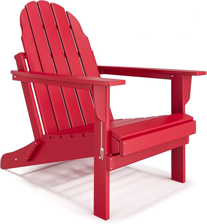 Folding Adirondack Chair - Durable HDPE Poly Lumber All-Weather Resistant, Foldable Oversized Balcony Porch Patio Outdoor Chair for Lawn, Backyard, Deck, Garden, Camping - Easy Installation, Red