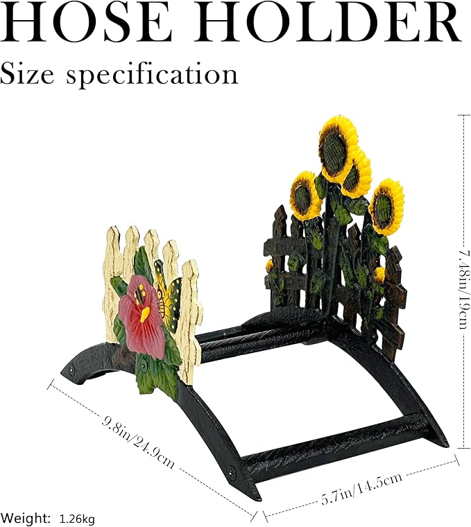 Decorative Garden Hose Holder Wall Mount – Heavy Duty Cast Iron Hose Hanger with Colorful Sunflower Design – Wall Mounted Hose Holders for Outside, Patio, Yard, or Front Door