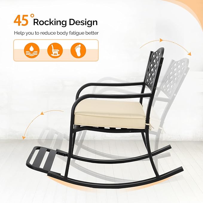 VINGLI Metal Rocking Chair, Outdoor Rocking Bench with Cushion, Patio Rocker with Footrest, Weatherproof Rocking Chair for Outside, Patio, Garden, Hole Backrest