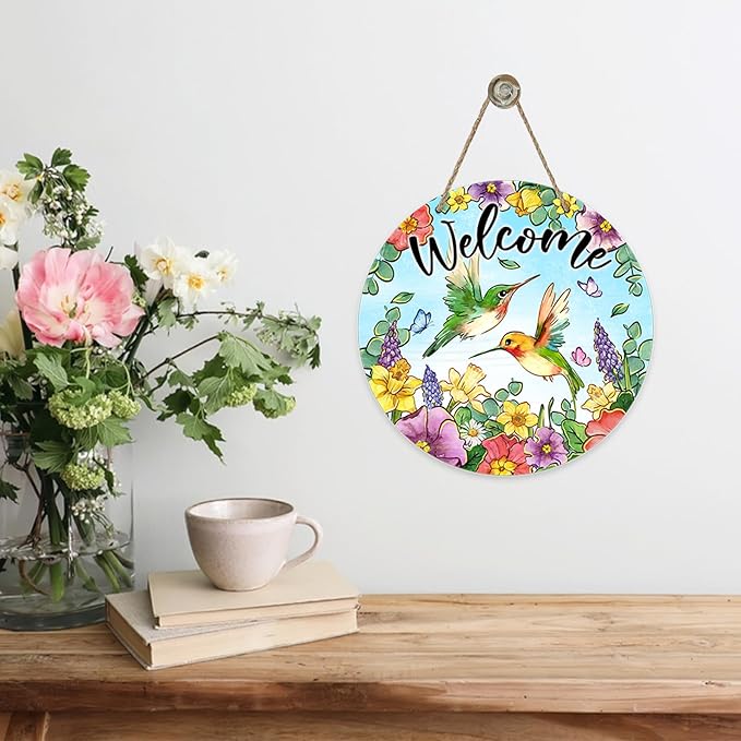 Welcome Spring Summer Hummingbird Front Door Sign, Daffodil Morning Glory Flower Wood Door Hanger Outdoor Outside Porch Decor, Hyacinth Floral Wooden Wreath Indoor Wall Hanging Decoration