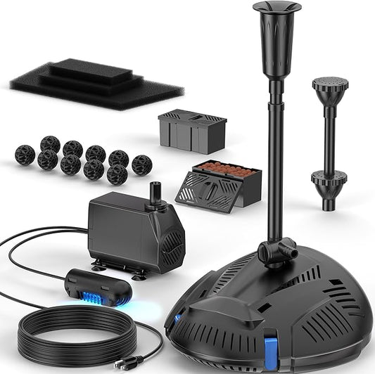 NFESOLAR Pond Filter with Pond Pump Fountain, All-in-one 660 GPH Pond Filter Fountain Kit with 3-Layer Filtration, UV Clarifier for Outdoor Ponds up to 2000 Gallon N2300