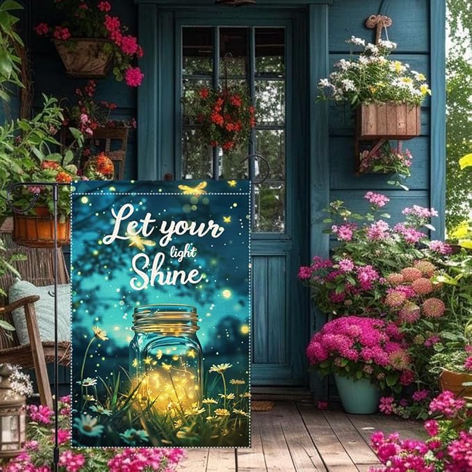 Let Your Light Shine Garden Flag 12x18 Inch Double Sided Small Burlap Summer Outdoor Yard Decor Fireflies Mason Jar Flowers Patio Lawn Porch Decorations
