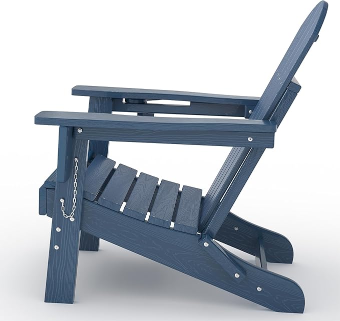 Folding Adirondack Chair Set of 6, All-Weather HDPE Outdoor Chair, Wooden Textured with Cup Holder for patios, Decks, Gardens, fire pits, Navy Blue