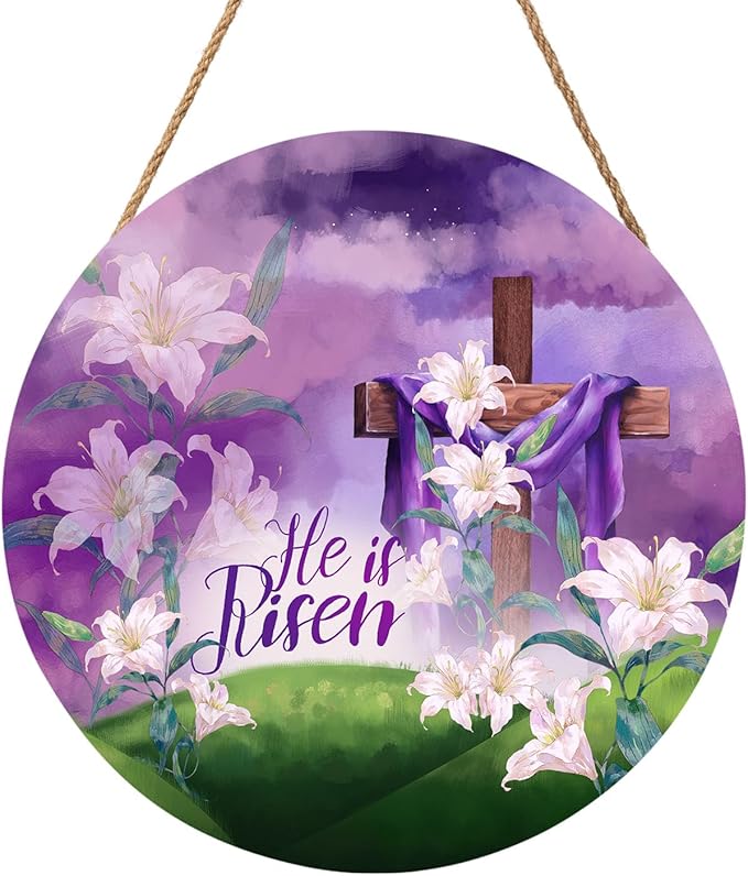 He is Risen Purple Door Sign For Front Door Decor,Religious Cross Lily Flowers Wooden Sign 12"x 12" Round Easter Hanging Door Sign Decoration for Wall Rustic Decor