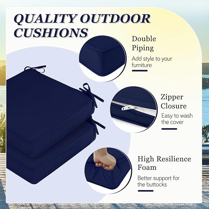 Waterproof Outdoor Chair Cushions Set of 2, Square Outdoor Seat Cushions with Ties and Removable Covers, 24 x 24 Outdoor Cushions for Patio Furniture with Portable Handle(Navy)