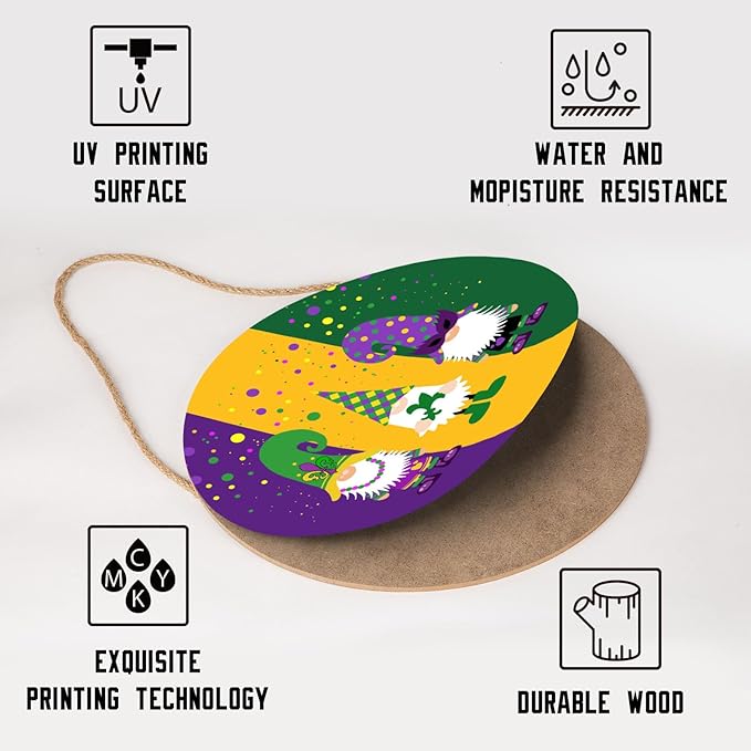 Mardi Gras Gnomes Door Sign For Front Door Decor,Purple Yellow Green Dot Wooden Sign 12"x 12" Round Wood Hanging Door Sign Decoration for Wall Rustic Farmhouse Decor