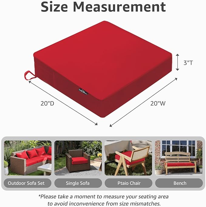 Outdoor Chair Cushions 20 x 20 x 3 Inch, Waterproof & Fade Resistant Patio Seat Cushion for Furniture with Handle and Ties, Thick Seating Pads for Outside Sofa Couch Set of 2, Red