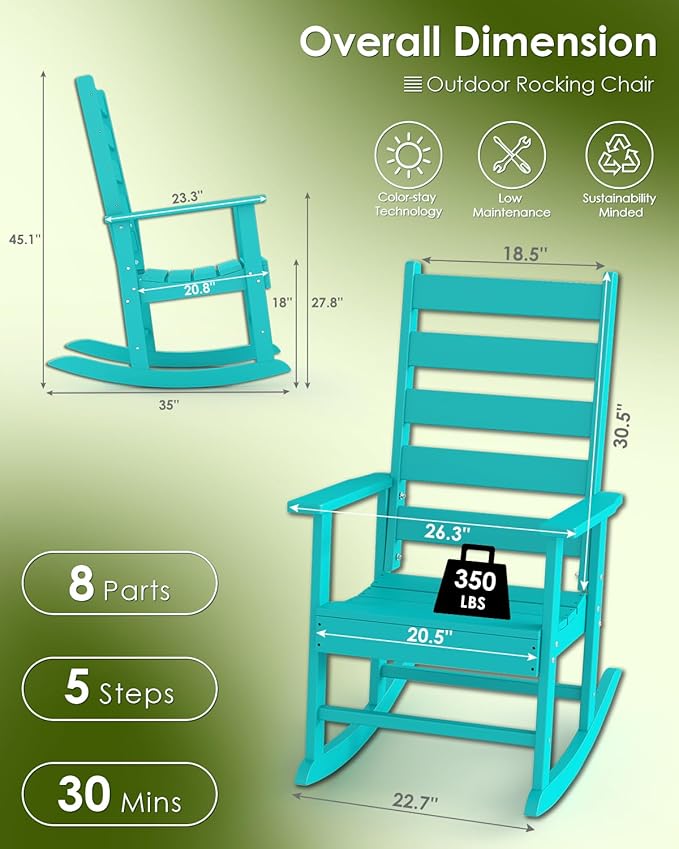 GREENVINES Outdoor-Rocking-Chairs-Set-of-4 | HDPE Plastic | Patio Rockers | Porch Rocker Chair | Shaker | Oversized | High Ladder Back | Big & Tall | PentaLuxe | Aqua